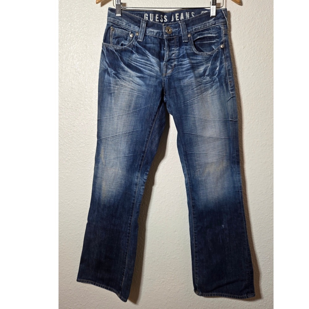 Guess Jeans W29 L30 Blue Low Rise Falcon Boot Cut Distressed Whiskered Y2K Denim